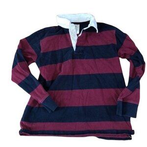 Lands End Boys Rugby Shirt Large L 14-16 Maroon & Navy Stripes Cotton